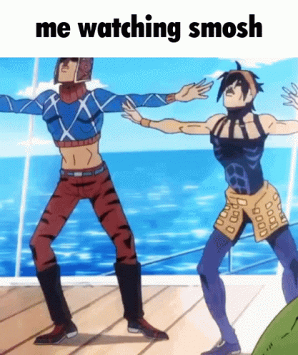 two anime characters are dancing in front of the ocean with the caption " me watching smosh " on the bottom