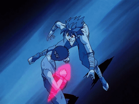 Two Anime Characters Are Fighting Each Other And One Has A Red Light Coming Out Of His Fist GIF