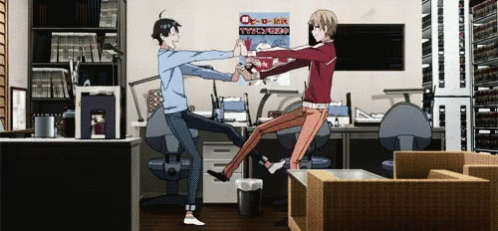 Two Anime Characters Are Giving Each Other A High Five In Front Of A Poster That Says Tvc GIF