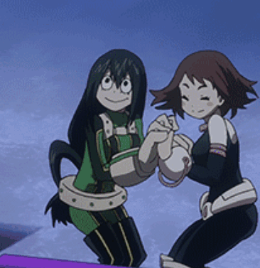 Two Anime Characters Are Holding Hands And Standing Next To Each Other . GIF