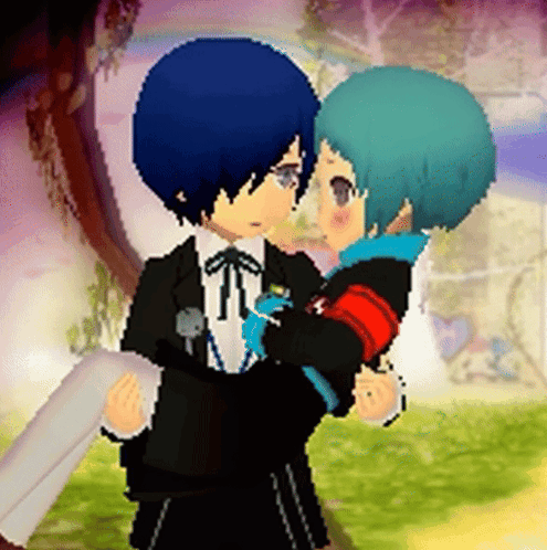 Two Anime Characters Are Hugging Each Other And One Has A Red Armband On GIF