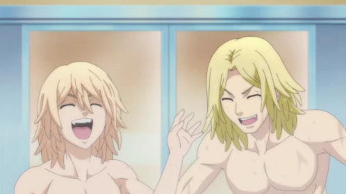 Two Anime Characters Are Laughing In Front Of A Blue Wall GIF