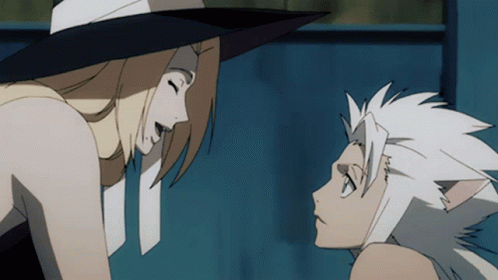 Two Anime Characters Are Looking At Each Other With One Wearing A Witch Hat GIF