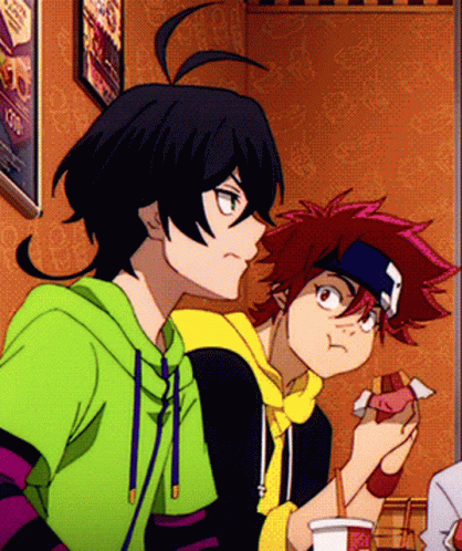 Two Anime Characters Are Sitting At A Table Eating GIF