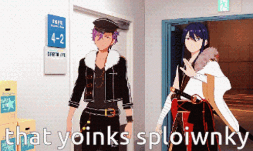 Two Anime Characters Are Standing In Front Of A Sign That Says 4-2-2 GIF