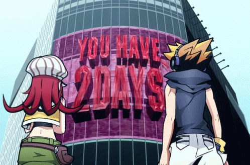 Two Anime Characters Are Standing In Front Of A Sign That Says You Have 20 Days GIF