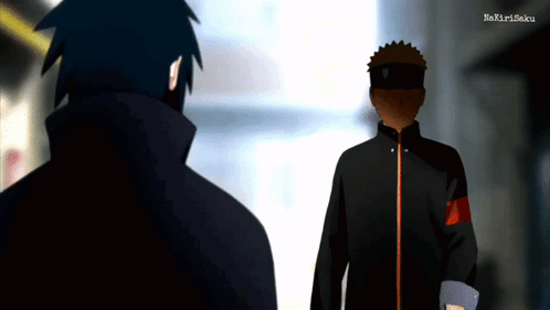 two anime characters are standing next to each other and looking at each other