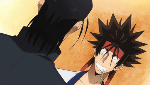 Two Anime Characters Are Standing Next To Each Other And One Has A Bandana On His Head GIF