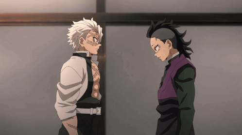 Two Anime Characters Are Standing Next To Each Other And One Has A Tattoo On His Chest GIF
