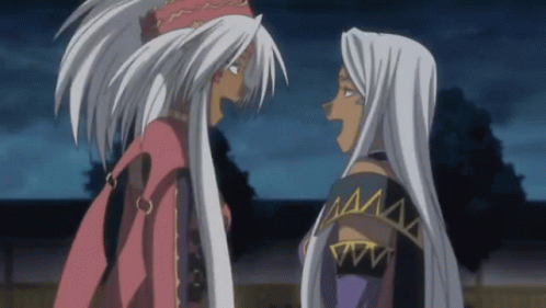 Two Anime Characters Are Standing Next To Each Other And One Has A Very Long White Hair GIF