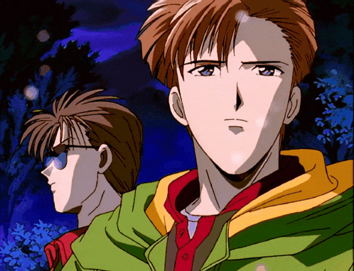 Two Anime Characters Are Standing Next To Each Other And One Has Sunglasses On GIF