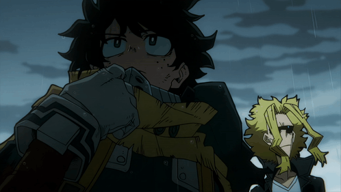 Two Anime Characters Are Standing Next To Each Other And One Has The Letter O On His Jacket GIF