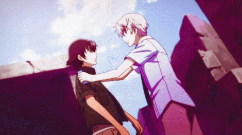 Two Anime Characters Are Standing Next To Each Other And One Is Holding The Other 'S Shoulder GIF