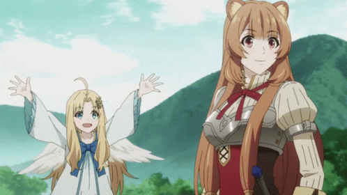 Two Anime Characters Are Standing Next To Each Other And One Is Waving GIF
