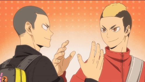 Two Anime Characters Are Standing Next To Each Other And One Of Them Has A Backpack With The Letter N On It GIF
