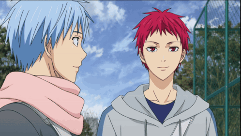 Two Anime Characters Are Standing Next To Each Other And One Of Them Has Red Hair GIF