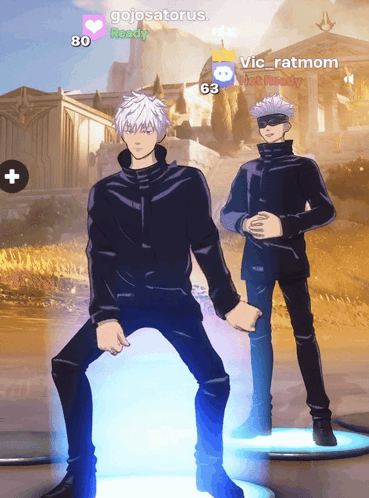 Two Anime Characters Are Standing Next To Each Other And One Of Them Has The Name Vic_ratmom On His Profile GIF
