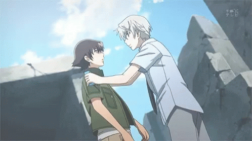 Two Anime Characters Are Standing Next To Each Other And One Of Them Is Holding Another Man 'S Arm GIF