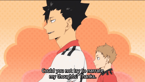 Two Anime Characters Are Standing Next To Each Other And One Says " Could You Not Try To Narrate My Thoughts Thanks " GIF