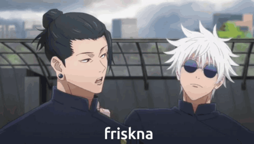 Two Anime Characters Are Standing Next To Each Other And The Word Friskna Is On The Screen GIF