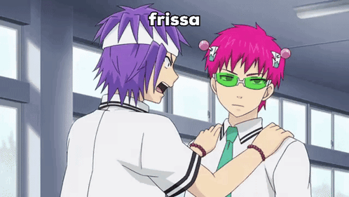 Two Anime Characters Are Standing Next To Each Other And The Word Frissa Is On The Bottom GIF