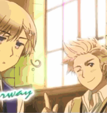 Two Anime Characters Are Standing Next To Each Other And The Word Norway Is On The Bottom GIF