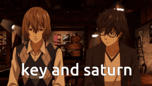 Two Anime Characters Are Standing Next To Each Other And The Words Key And Saturn Are On The Bottom GIF