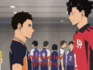 Two Anime Characters Are Standing Next To Each Other And The Words Mio And Lev Greeting Are On The Bottom GIF