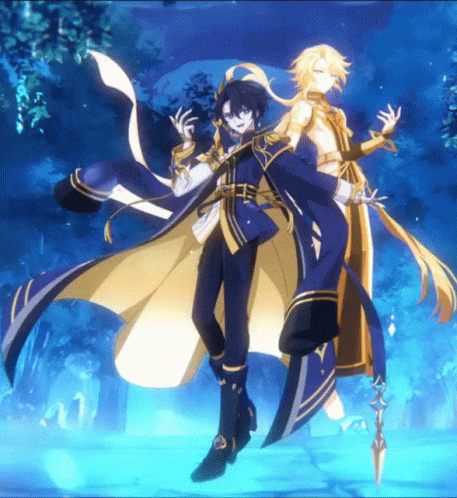 Two Anime Characters Are Standing Next To Each Other In A Dark Forest GIF