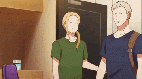 Two Anime Characters Are Standing Next To Each Other In Front Of A Door And Smiling . GIF