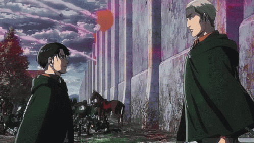 Two Anime Characters Are Standing Next To Each Other In Front Of A Large Wall GIF