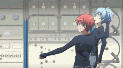Two Anime Characters Are Standing Next To Each Other In Front Of A Wall With Buttons GIF