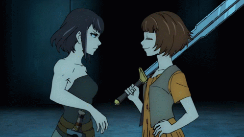 Two Anime Characters Are Standing Next To Each Other One Holding A Sword GIF