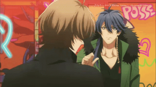 Two Anime Characters Are Standing Next To Each Other With A Sign That Says Poss In The Background GIF