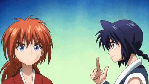 Two Anime Characters Are Standing Next To Each Other With One Pointing GIF