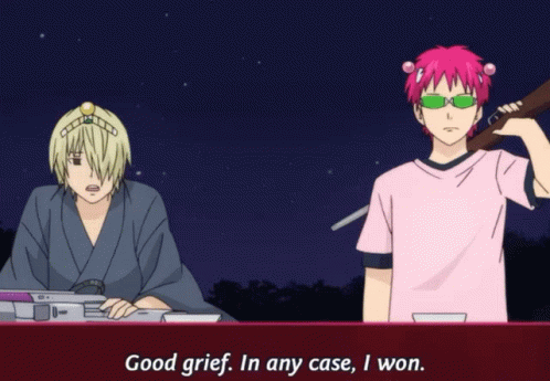 Two Anime Characters Are Standing Next To Each Other With One Saying Good Grief In Any Case I Won GIF
