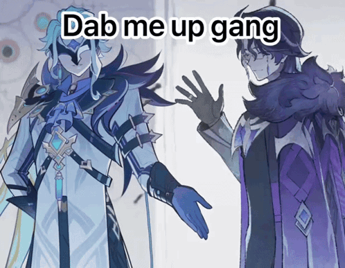 two anime characters are standing next to each other with the words dab me up gang below them
