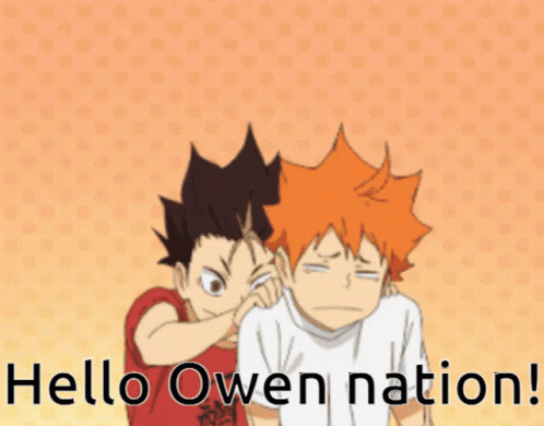 Two Anime Characters Are Standing Next To Each Other With The Words Hello Owen Nation On The Bottom GIF