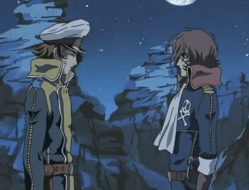 Two Anime Characters Are Standing Next To Each Other With The Words " Why Don 'T You Join Me For A Drink " GIF