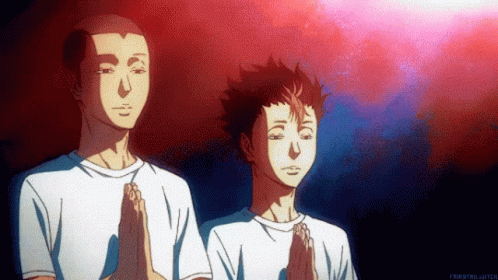 Two Anime Characters Are Standing Next To Each Other With Their Eyes Closed And Their Hands Folded In Prayer . GIF