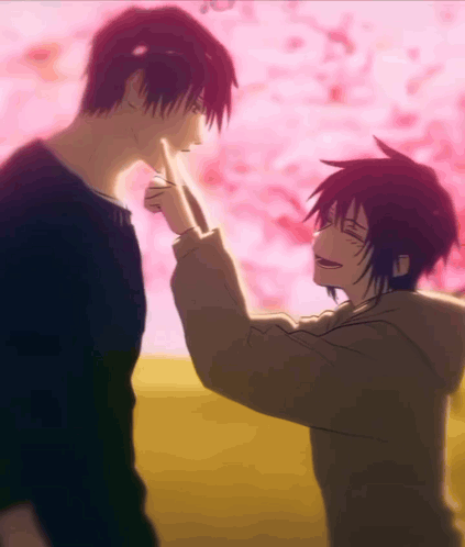 Two Anime Characters Are Touching Each Other 'S Faces With Cherry Blossoms In The Background GIF