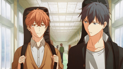 Two Anime Characters Are Walking Down A Hallway With A Guitar Case On Their Backs GIF