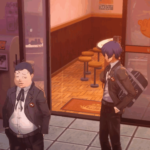 Two Anime Characters at Restaurant With Takeout Sign