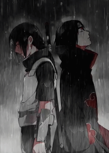 Two Anime Characters Back to Back in Rain One Holding Sword