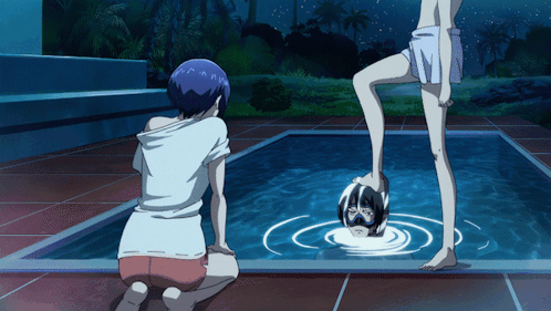 Two Anime Characters by Pool at Night