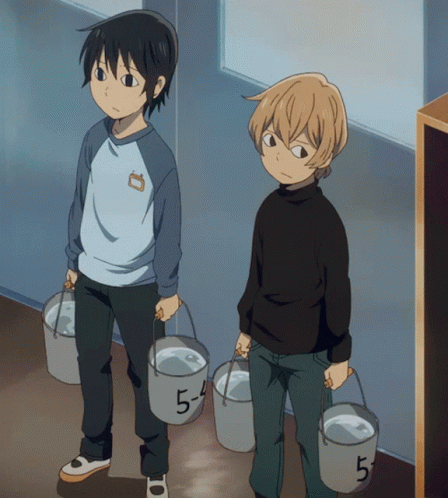 Two Anime Characters Carrying Buckets Of Water With The Number 5 On Them GIF