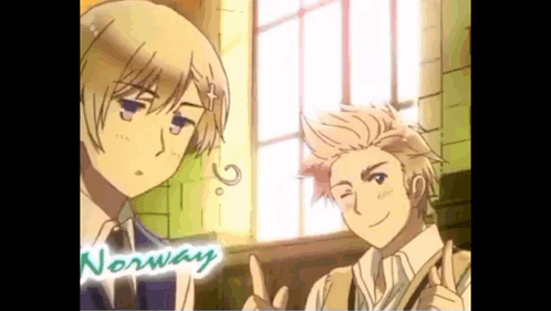 Two Anime Characters From Norway Are Standing Next To Each Other In Front Of A Window GIF