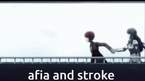 Two Anime Characters Holding Hands With The Words " Afia And Stroke " In The Background GIF