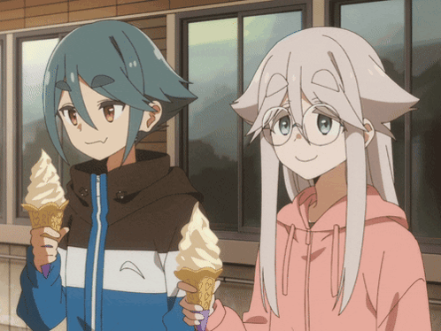 Two Anime Characters Holding Ice Cream Cones In Front Of Building GIF
