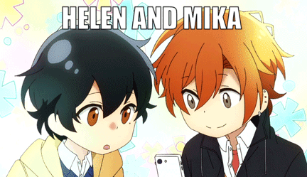 Two Anime Characters Looking At Cell Phone With Helen And Mika GIF